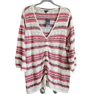 Torrid Open Stitch Pullover V-Neck Cinched Front Sweater Pink Stripe Size 3X NWT